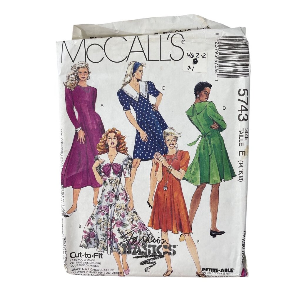90s McCalls 5743 Dress Sewing Pattern Sizes 14-16-18 Cut To Fit Vintage UNCUT